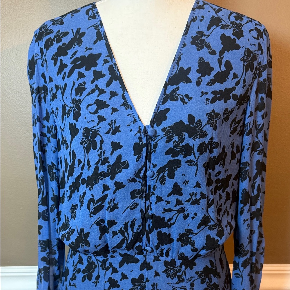 Karina Grimaldi Vicky Denim Floral Blue‎ Chiffon Mini Dress Long Sleeve M - Picture 5 of 11